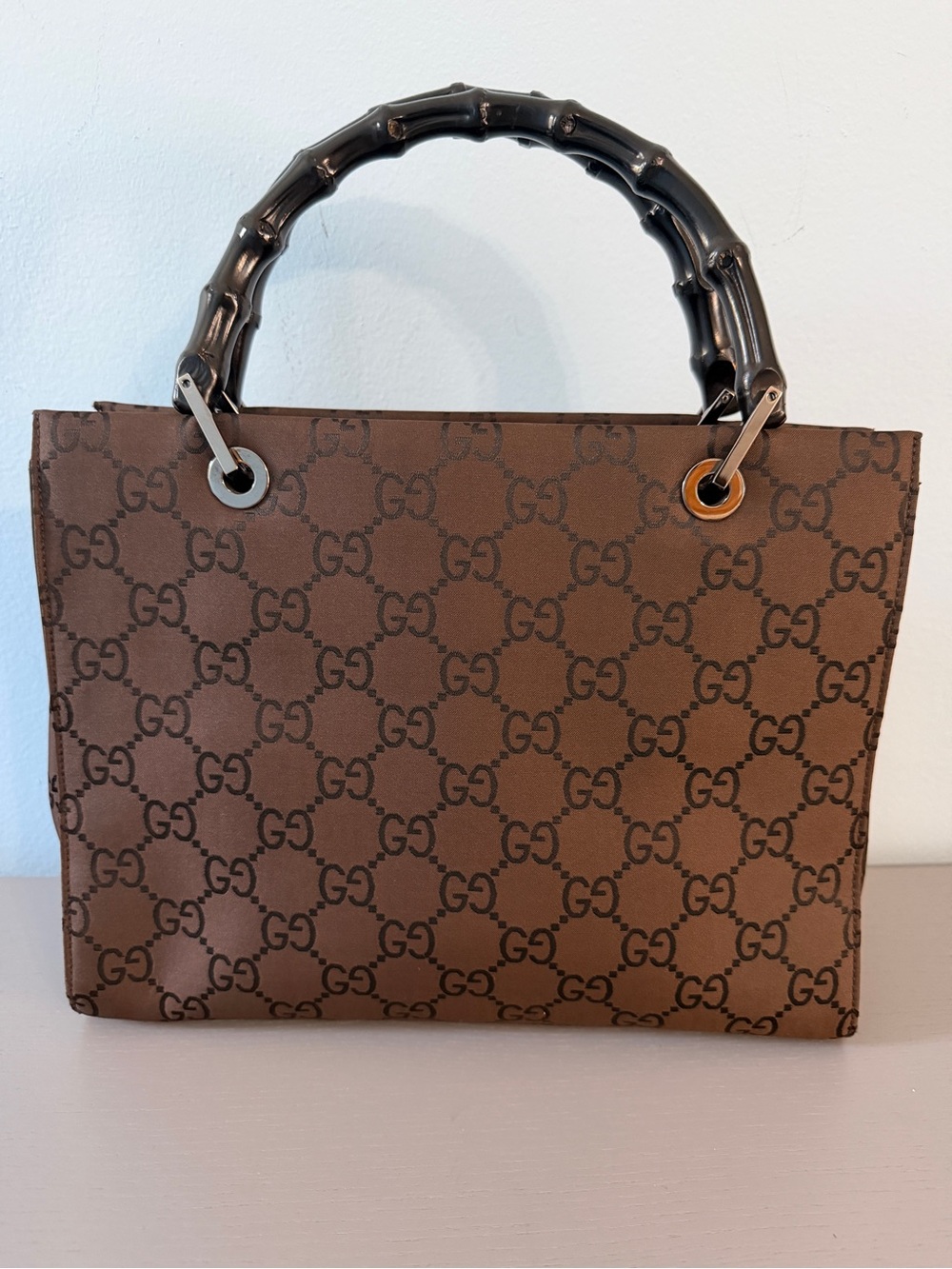 Authentic Gucci Brown GG nylon with Bamboo Handles